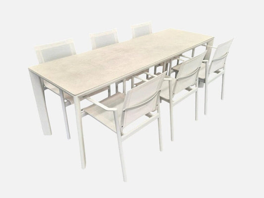 Addis Calce Bianco Slim Table with Nelson Armchairs Outdoor Furniture Kett 