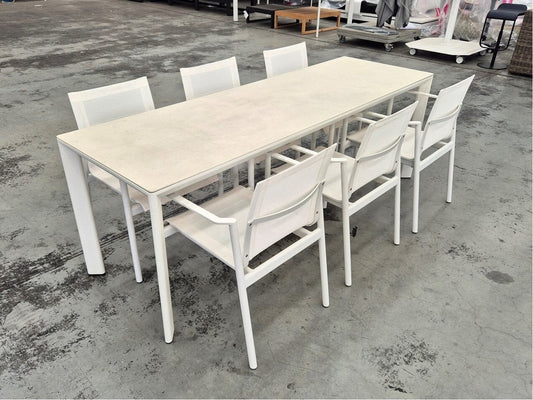 Addis Calce Bianco Slim Table with Nelson Armchairs