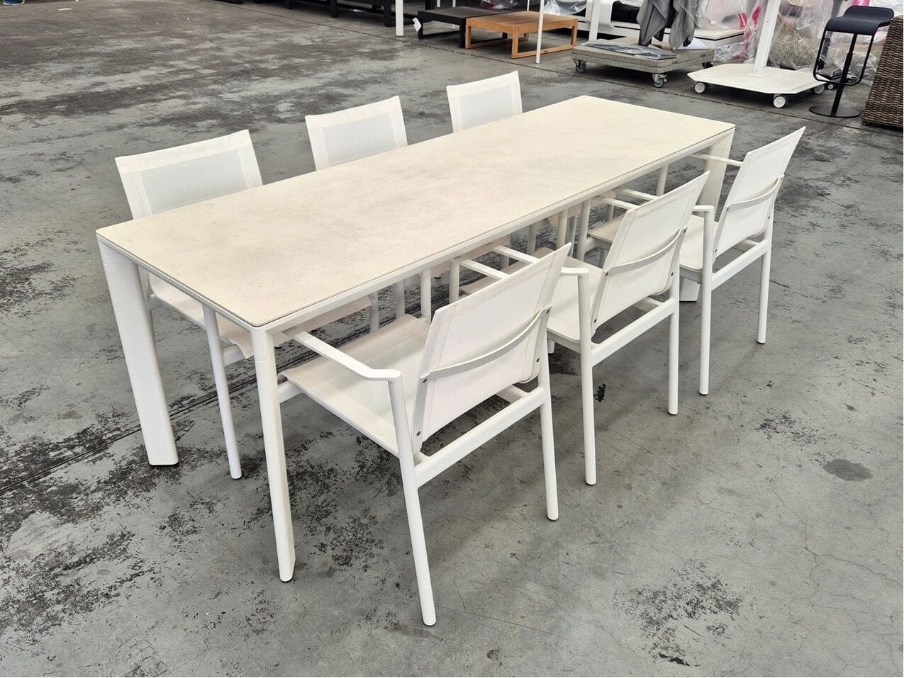 Addis Calce Bianco Slim Table with Nelson Armchairs Outdoor Furniture Kett 